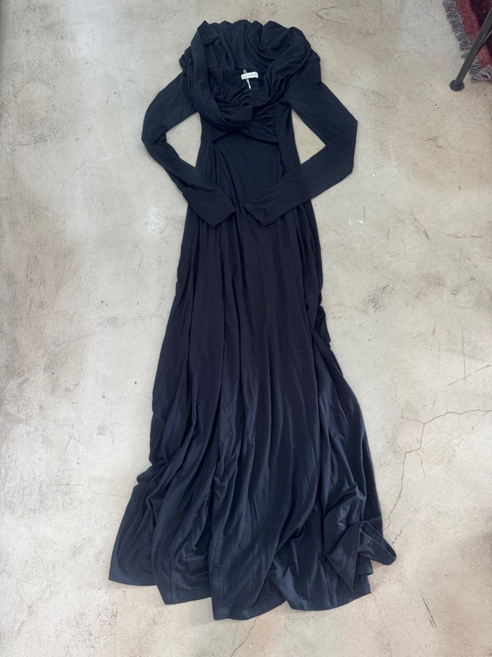 Black Long-Sleeve Maxi Dress with Draped Cowl Neck